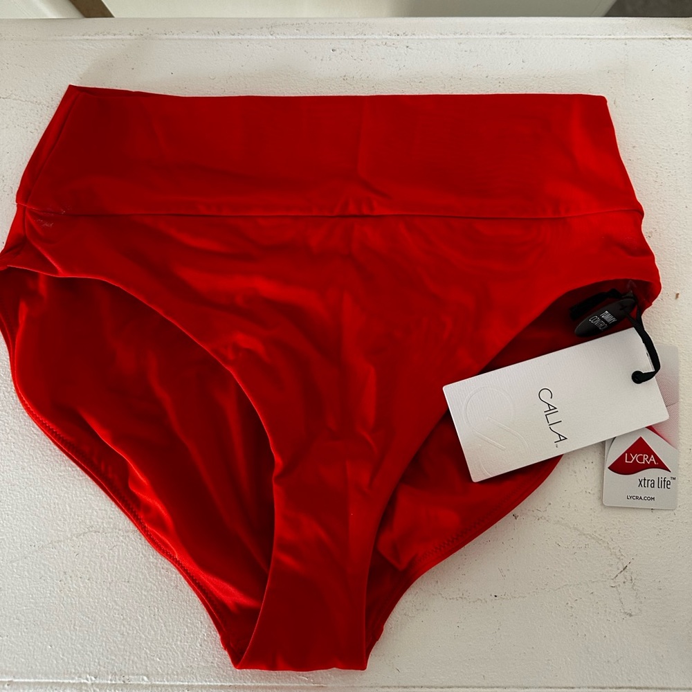 CALIA by Carrie Underwood High-Waist Bikini Bottoms — Red Fresh Red color
